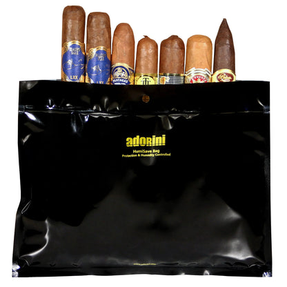 Black humidor bag with cigars on a white background, featuring the Adorini brand.