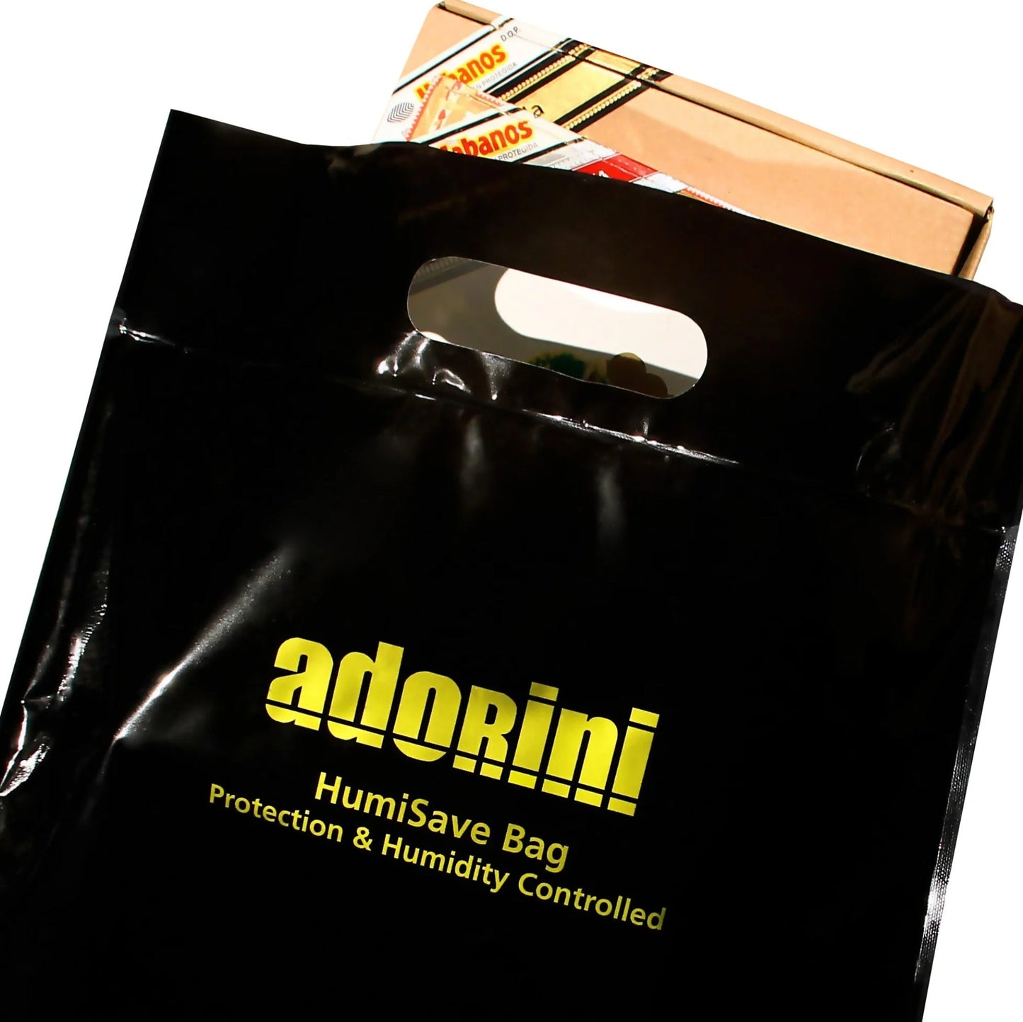 Black 'adorini' humidification bag with packaging in the background
