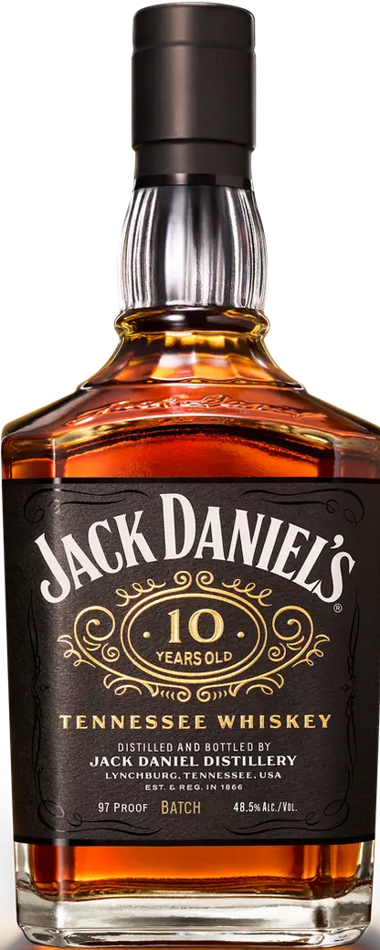 Jack Daniel's 10 Year Tennessee Whiskey bottle on a white background