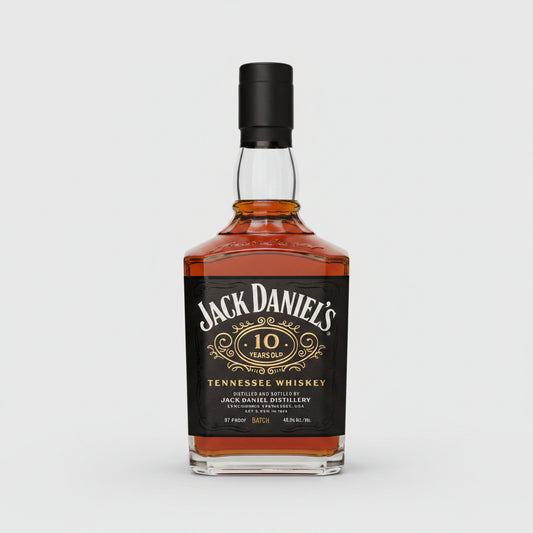 Jack Daniel's 10 Year Tennessee Whiskey bottle on a white background