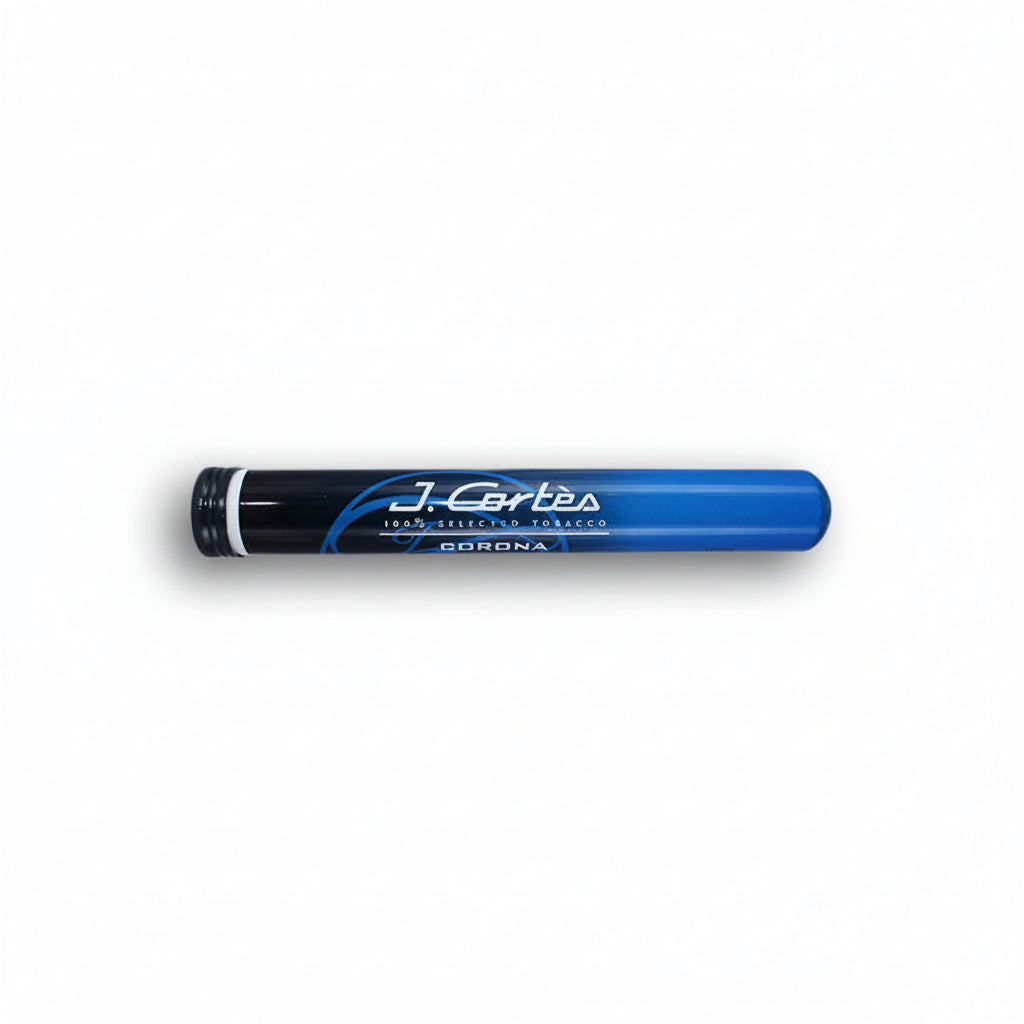 Blue and black J. Certea cigarillos on a white background