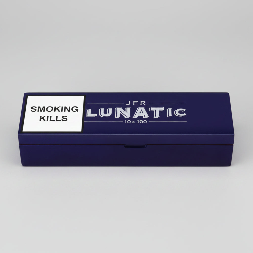 A dark blue rectangular box with a white warning label on the left side. The box has the brand name 'JFR' and the product name 'LUNATIC' printed in white on the top, with '10 X 100' below it.