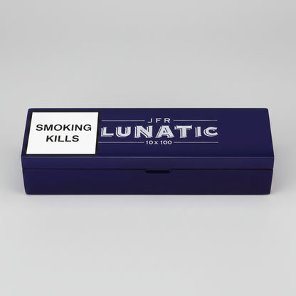 A dark blue rectangular box with a white warning label on the left side. The box has the brand name 'JFR' and the product name 'LUNATIC' printed in white on the top, with '10 X 100' below it.