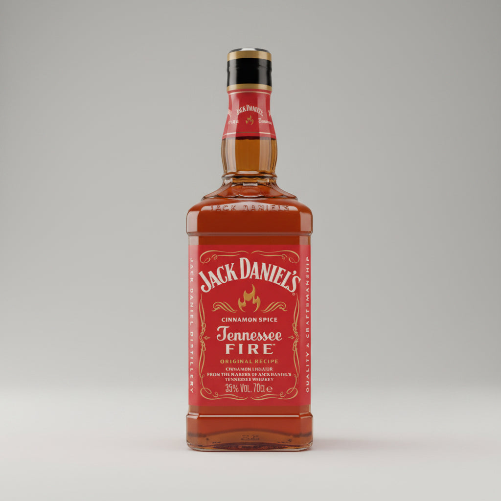 Jack Daniel's Tennessee Fire whiskey bottle on a white background