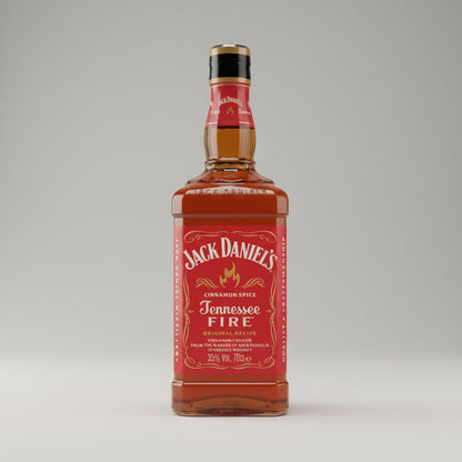 Jack Daniel's Tennessee Fire whiskey bottle on a white background