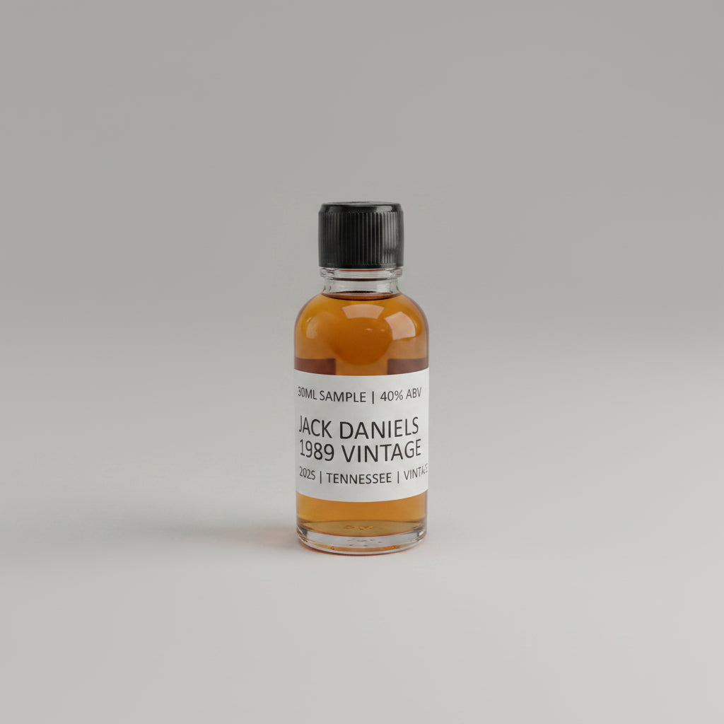 Small bottle of Jack Daniel's 1989 Vintage on a light pink background