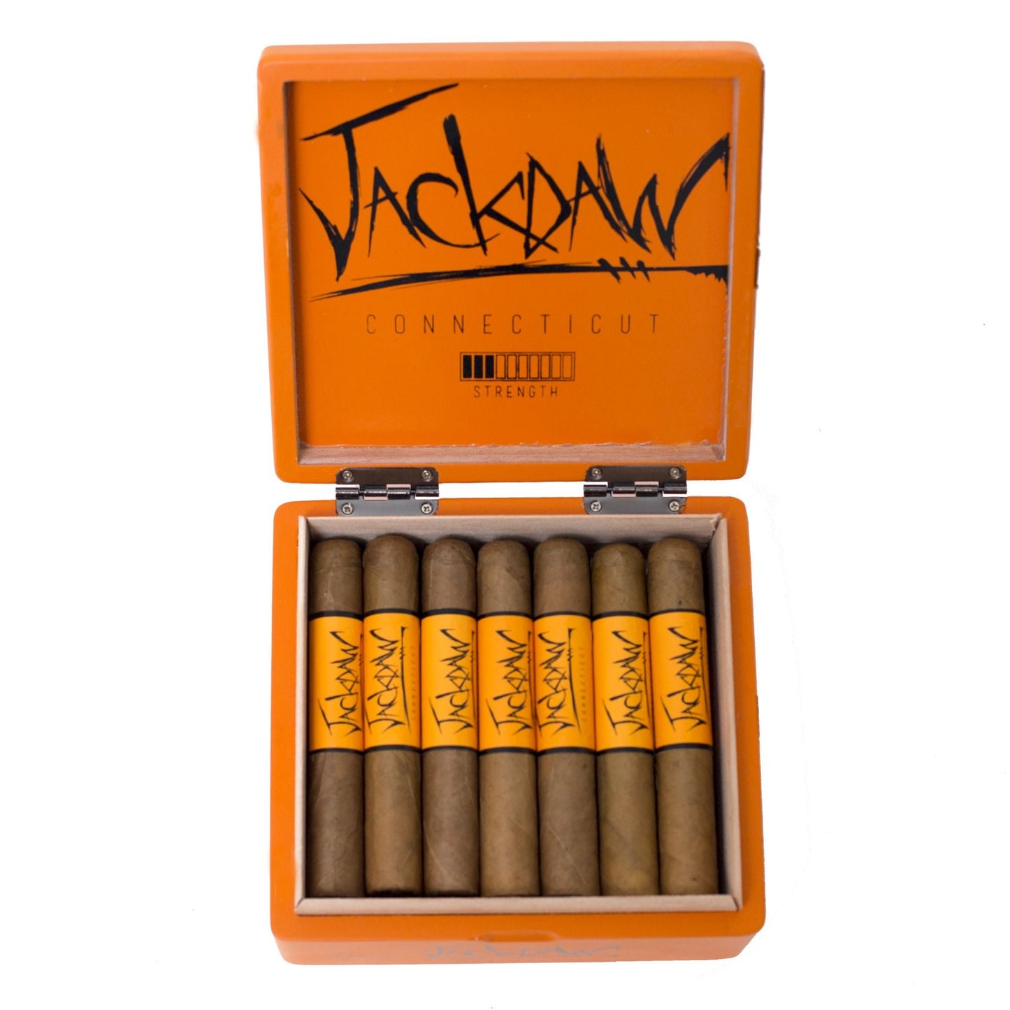 Open orange box of Jackdaw Connecticut cigars on a white background