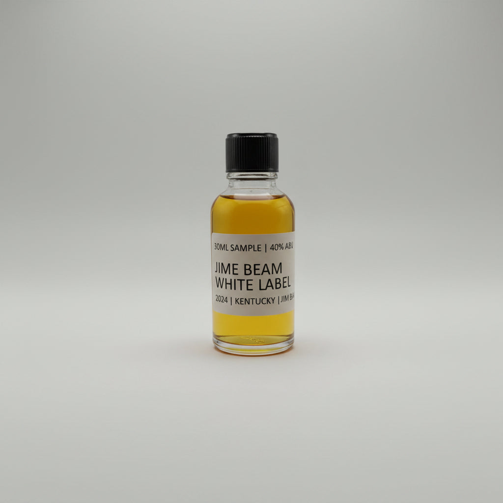 Small bottle of Jim Beam White Label bourbon on a white background