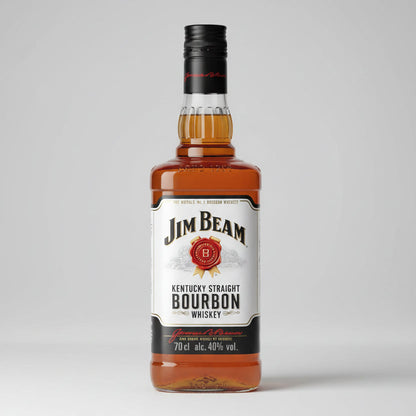 A bottle of Jim Beam Kentucky Straight Bourbon Whiskey on a light gray background.
