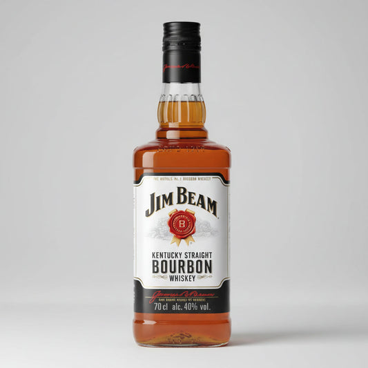 A bottle of Jim Beam Kentucky Straight Bourbon Whiskey on a light gray background.