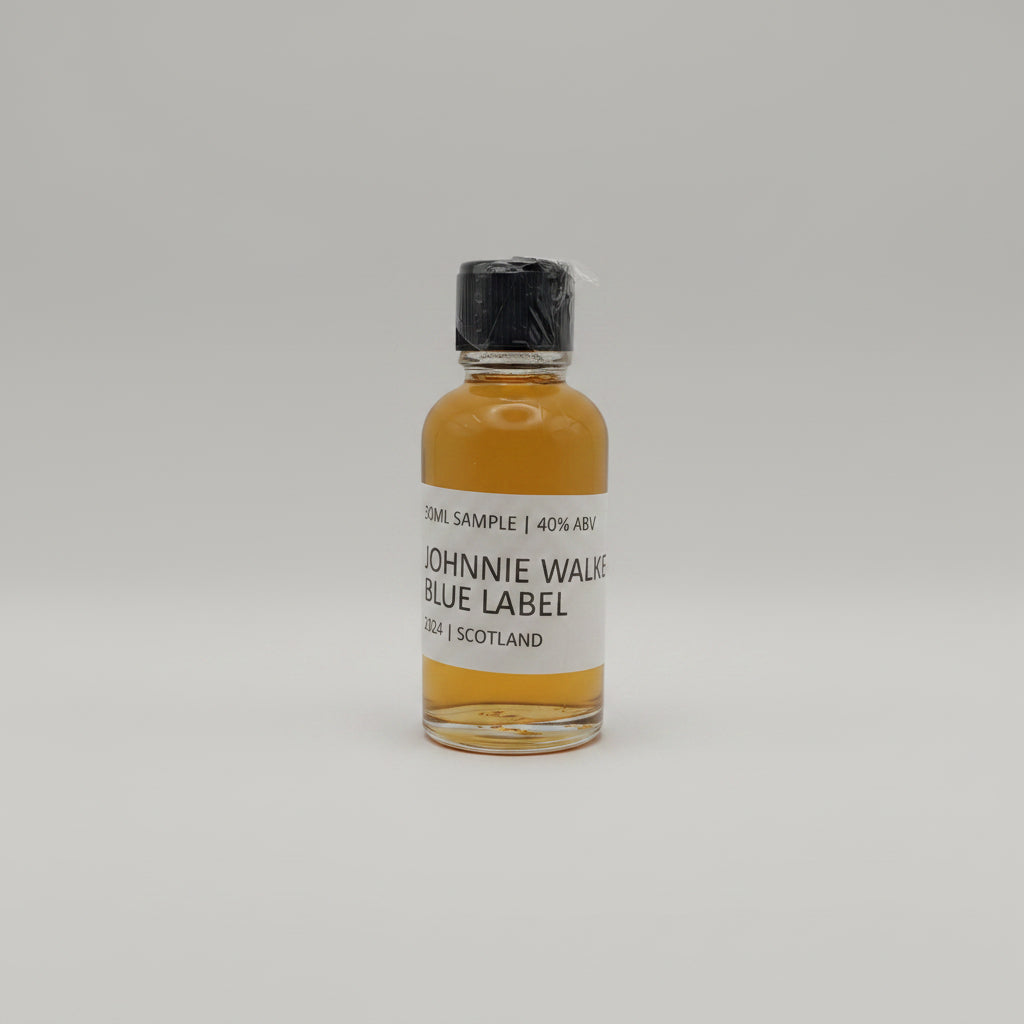 Johnnie Walker Blue Label sample bottle on a gray background