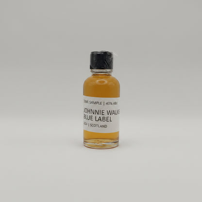 Johnnie Walker Blue Label sample bottle on a gray background