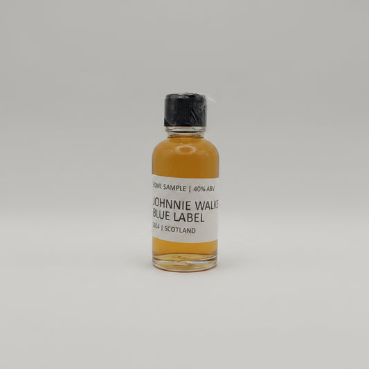 Johnnie Walker Blue Label sample bottle on a gray background