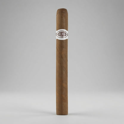 A single brown cigar standing vertically on a light gray background, featuring a white band with the 'Cigar Republic' logo near the upper center.