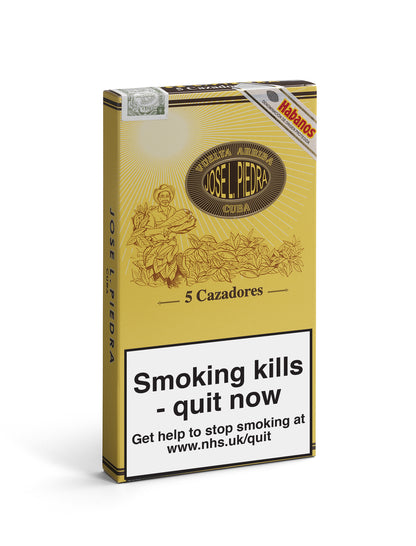 Cigar box with branding and warning label on a white background