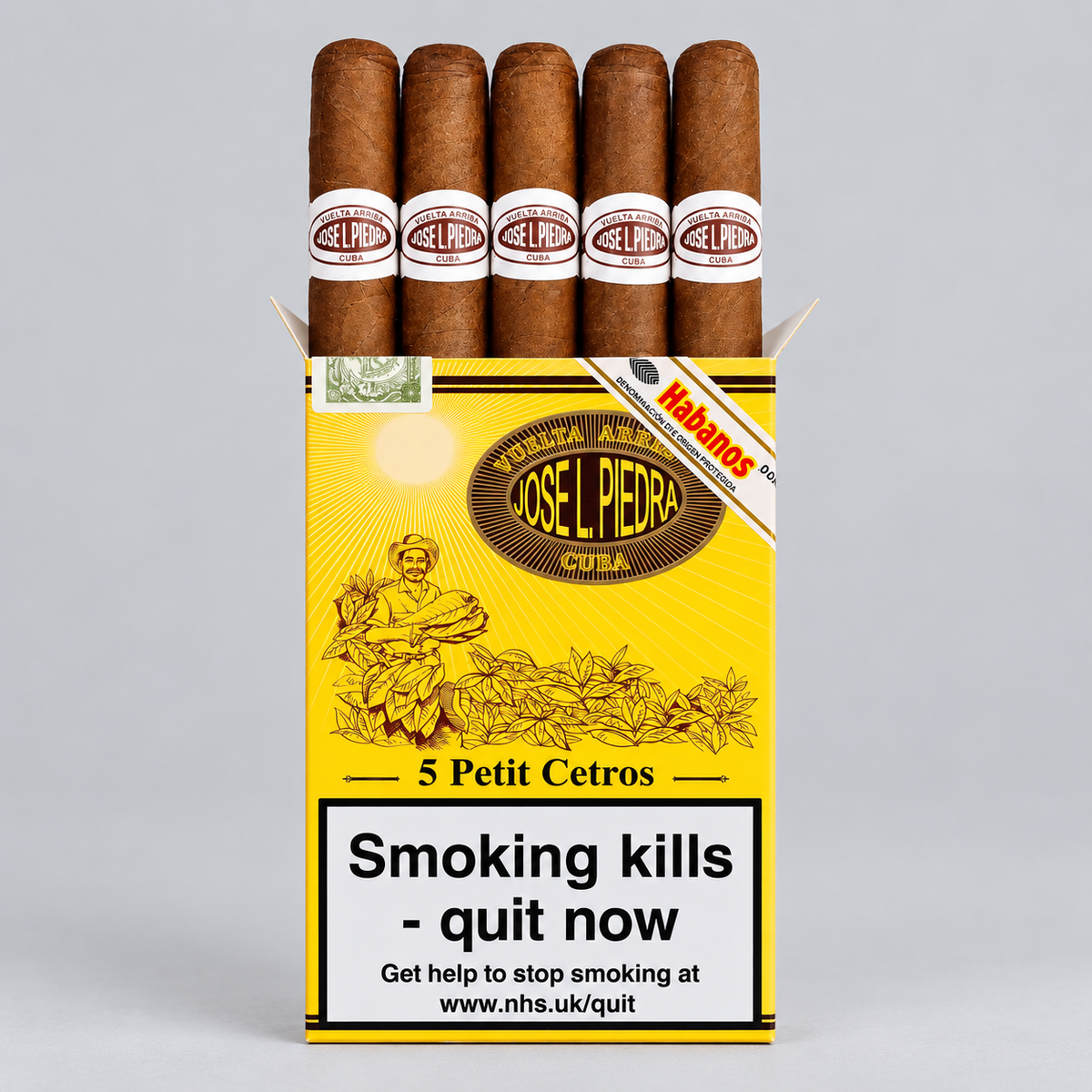 A pack of five Jose L. Pedra cigars in their original yellow and black packaging, displayed against a neutral gray background.