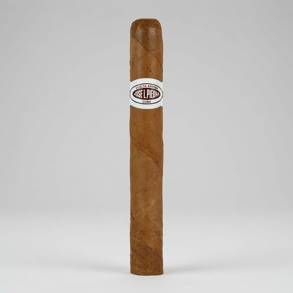 A single brown cigar standing upright against a light gray studio background, with a white band around the middle that reads 'GELPEI CIGARS'.