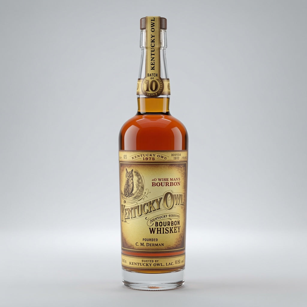 A bottle of Kentucky Owl batch 10 Kentucky Bourbon Whiskey on a light gray background.