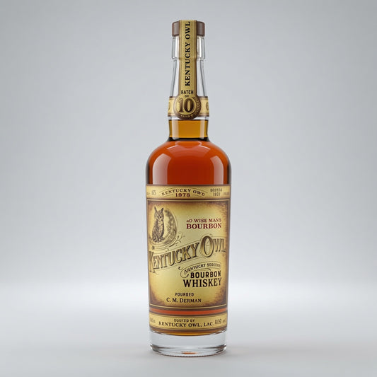 A bottle of Kentucky Owl batch 10 Kentucky Bourbon Whiskey on a light gray background.