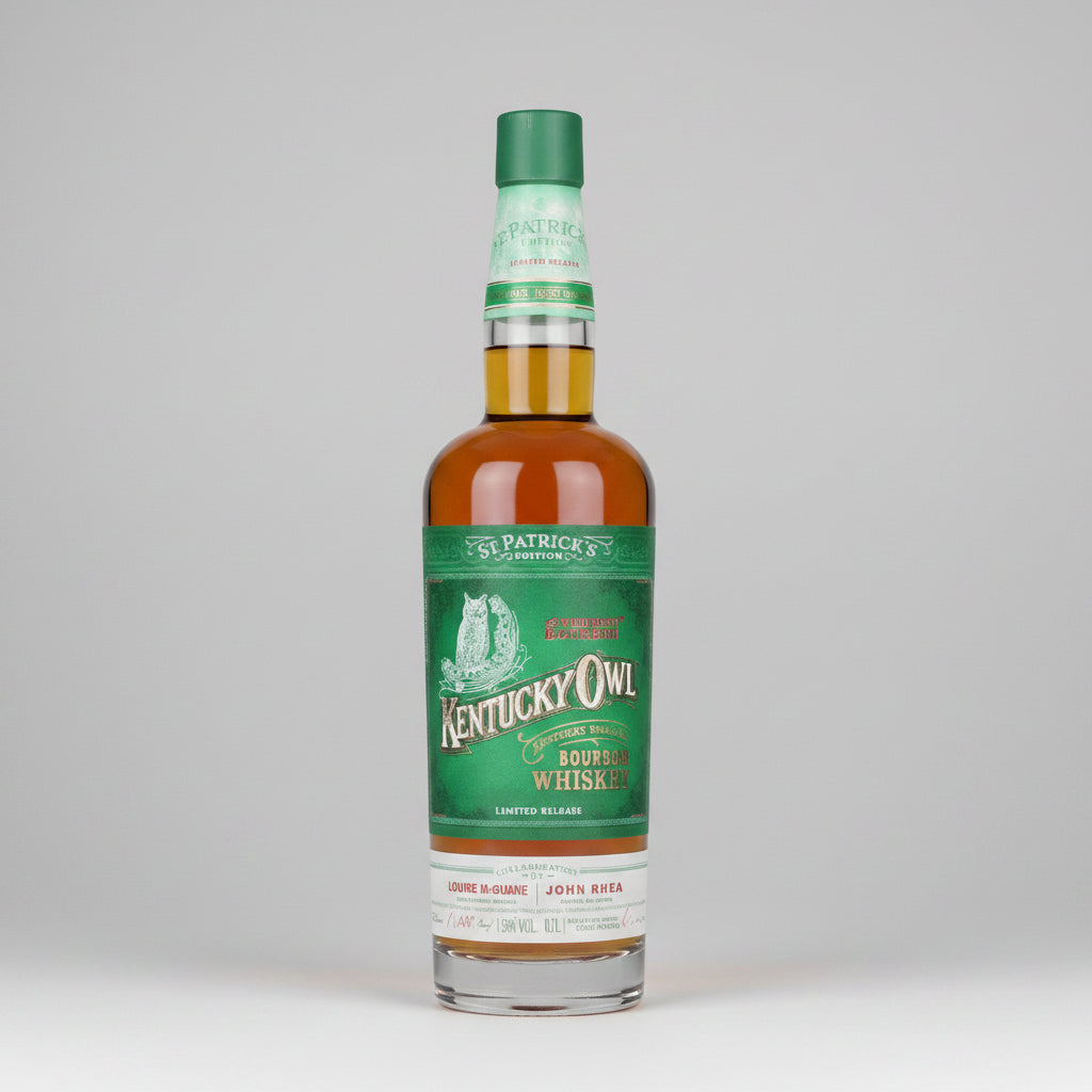 A bottle of Kentucky Owl ST PATRICKS DAY Whiskey on a white background with a reflection.