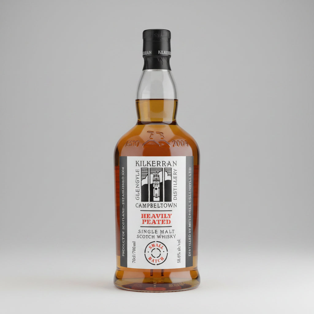 A bottle of Kilkerran Campbeltown Heavy Peated Single Malt Scotch Whisky, showing the amber liquid inside a clear glass bottle with a white and red label.
