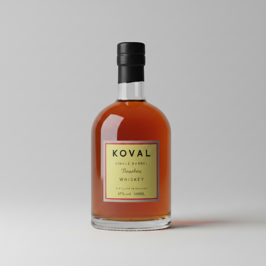 A bottle of Koval Single Barrel Bourbon Whiskey with amber liquid, a black cap, and a beige label on a white background.