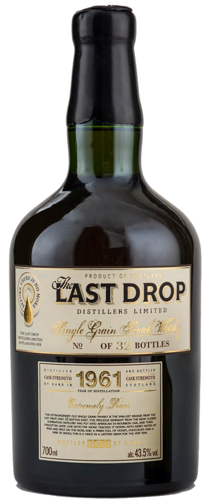Bottle of 'The Last Drop' whisky with a prominent label on a white background