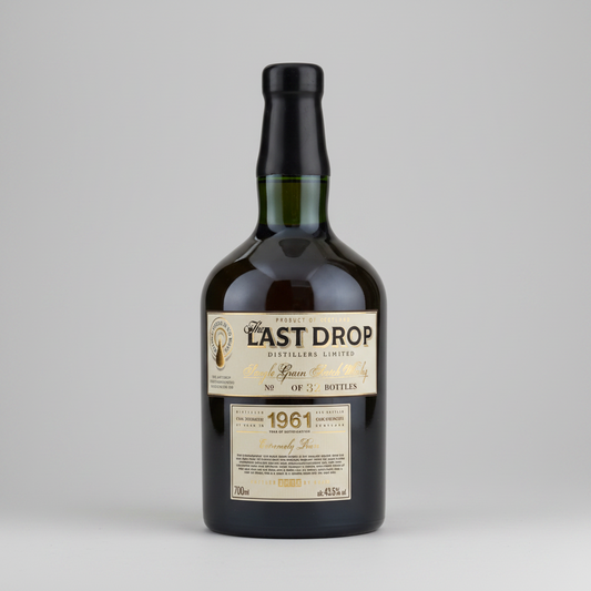 Bottle of 'The Last Drop' whisky with a prominent label on a white background