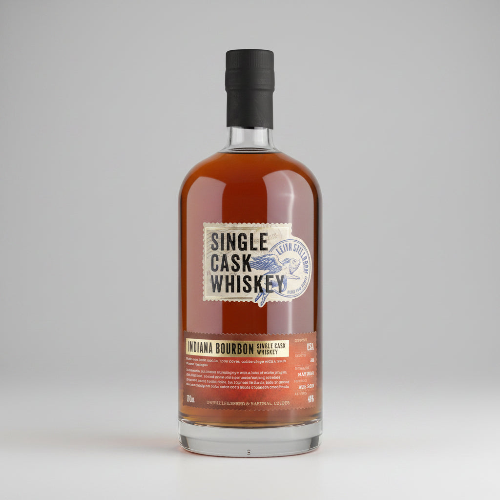 A bottle of Single Cask Whiskey Niagara Bourbon single cask whiskey, featuring an amber-brown liquid in a clear glass bottle with a black cap and a cream and orange label, set against a neutral gray background.