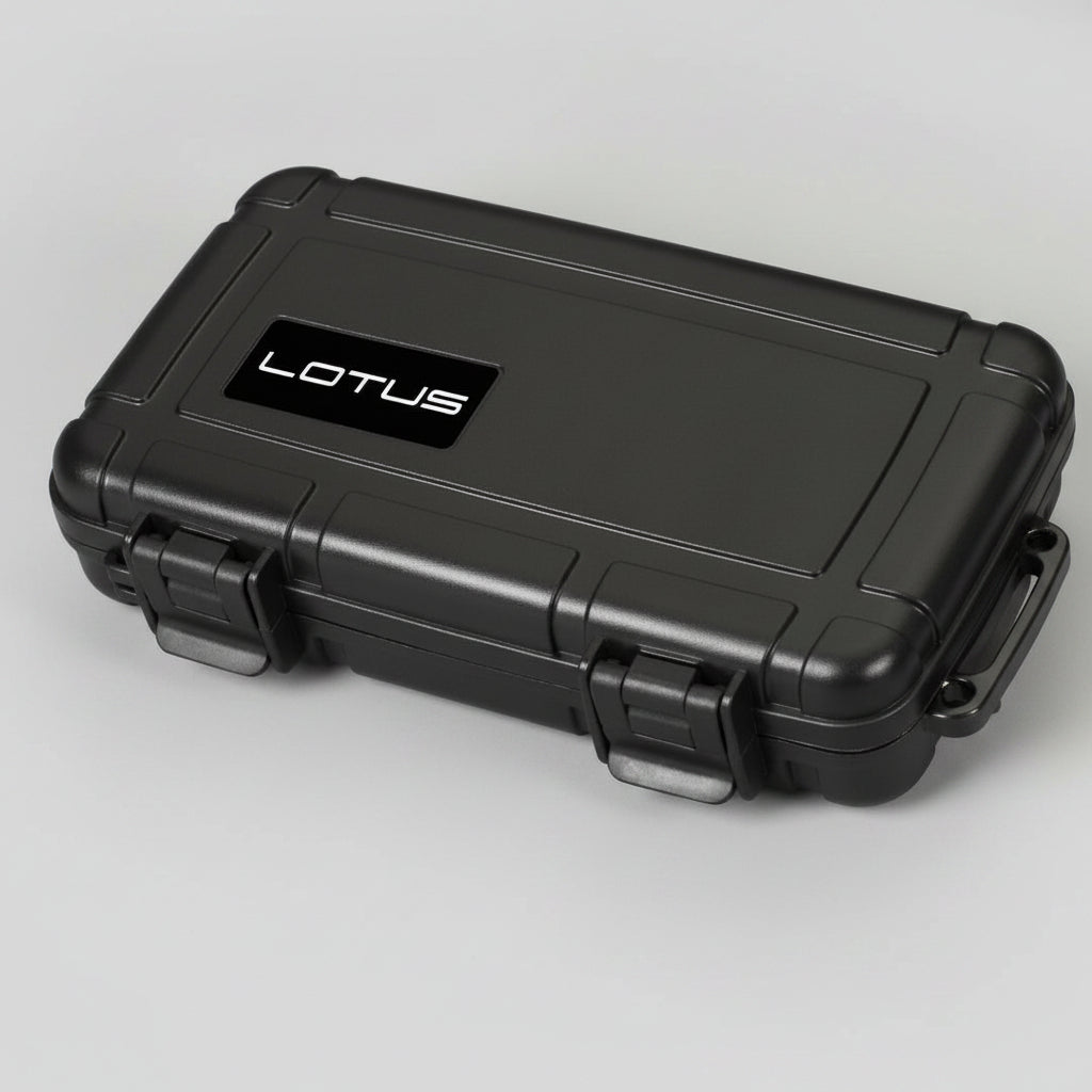 Black hard-shell case with 'LOTUS' branding on a white background