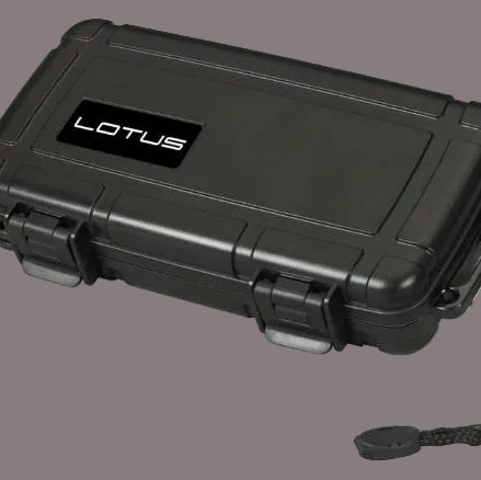 Black hard-shell case with 'LOTUS' branding on a white background
