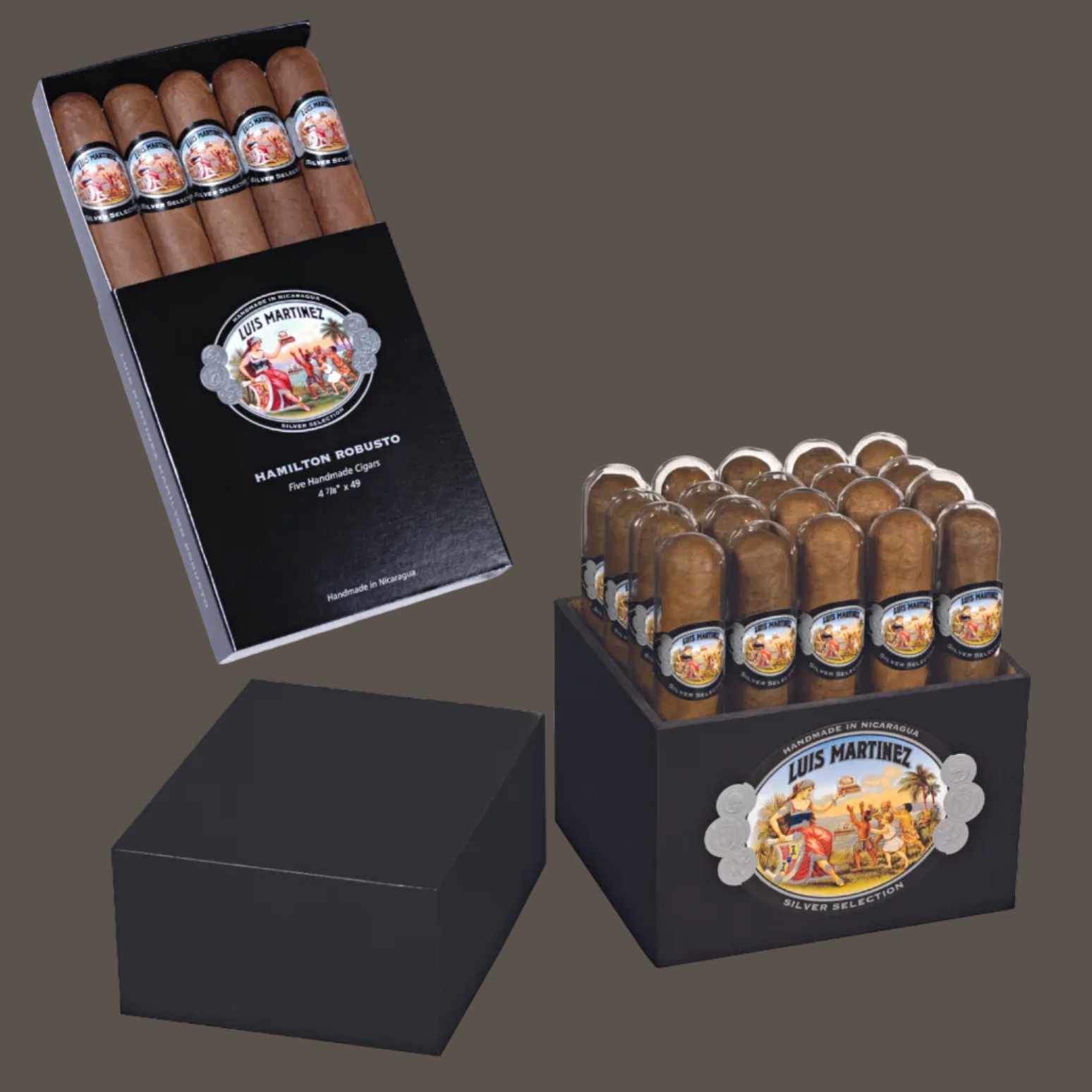 Packaged cigars with a black box on a white background