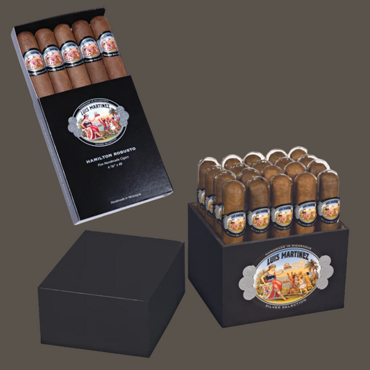 Packaged cigars with a black box on a white background