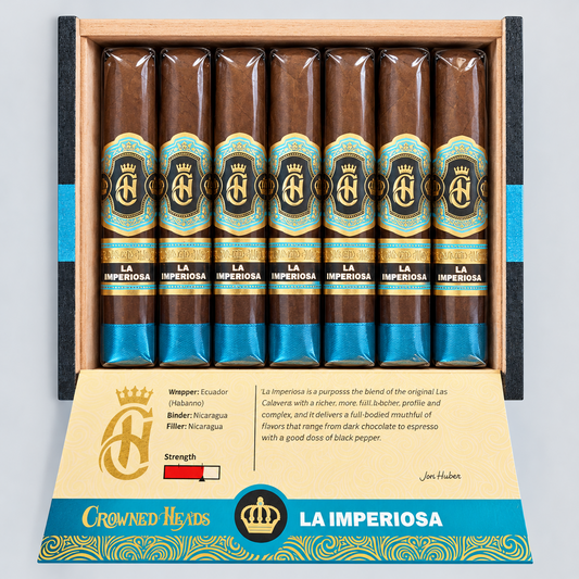 An open wooden cigar box containing eight wrapped cigars with blue and gold labels reading LA IMPERIOSA, plus an open inner card with product details and branding.