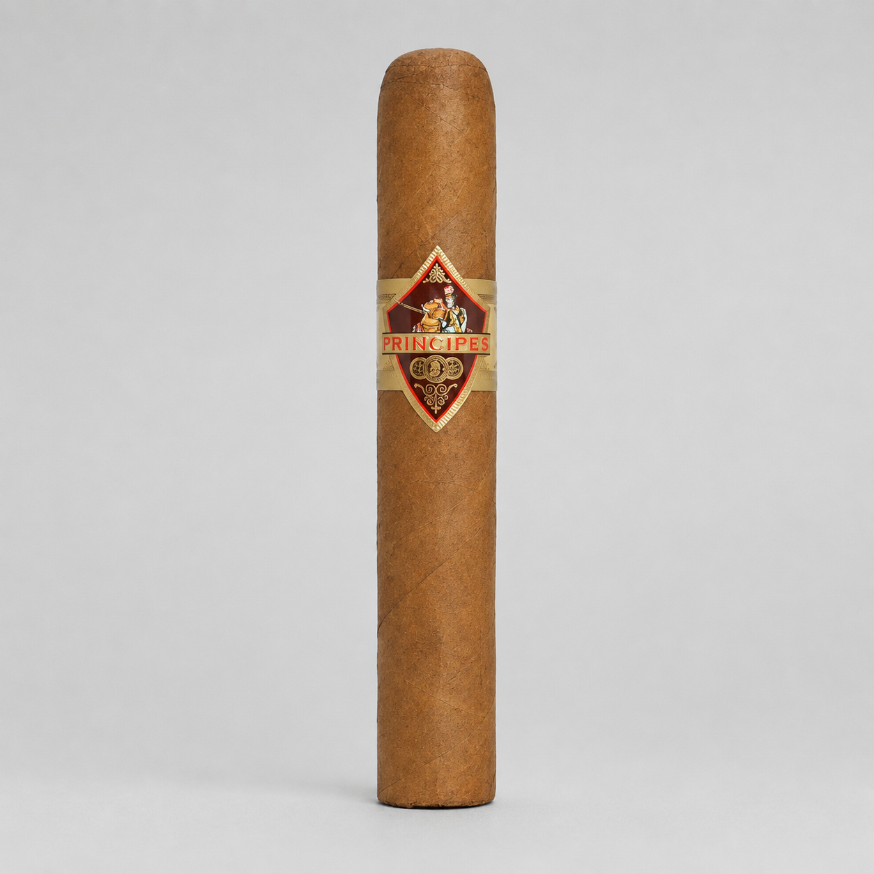 A single brown cigar standing upright against a light gray background, featuring a decorative band with the brand name 'PRINCIPES' and a gold emblem.