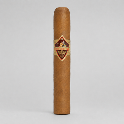 A single brown cigar standing upright against a light gray background, featuring a decorative band with the brand name 'PRINCIPES' and a gold emblem.