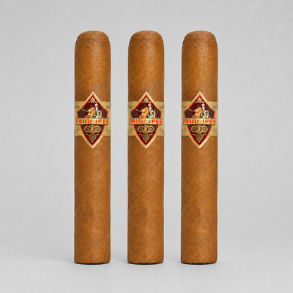 Three brown cigars standing upright side by side on a light gray background, each with a diamond-shaped Prince Fire band label.
