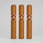 Three brown cigars standing upright side by side on a light gray background, each with a diamond-shaped Prince Fire band label.