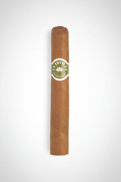 A single brown cigar with a green and white La Finis Cigars label, shown vertically against a plain white background.