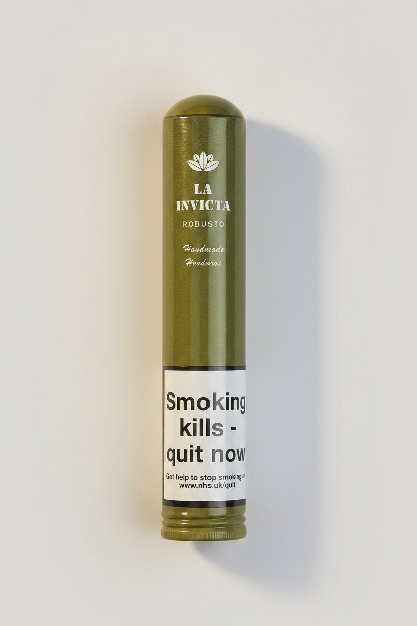 A single La Invicta Robusto cigarette pack in olive green with a white warning label, photographed on a clean white background.