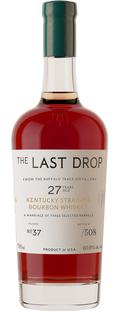 Bottle of 'The Last Drop' Kentucky Straight Bourbon Whiskey with a red liquid inside.