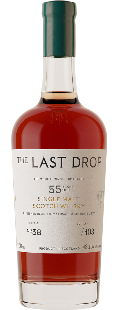 Bottle of 'The Last Drop' 55-year-old single malt Scotch whisky with a visible label.