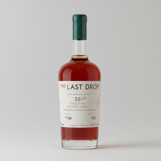 Bottle of 'The Last Drop' 55-year-old single malt Scotch whisky with a visible label.