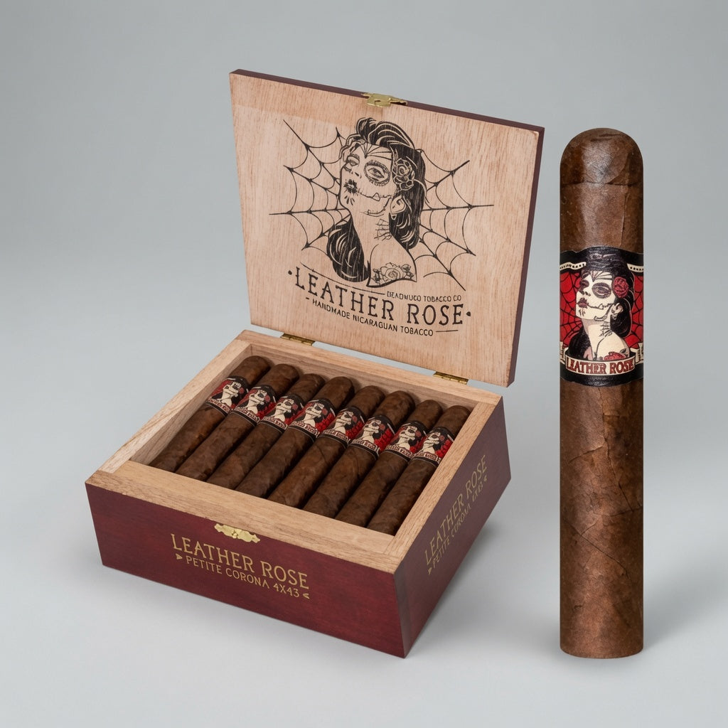An open Leather Rose cigar box with multiple cigars inside and one single cigar standing upright beside it on a light gray studio background. The box is made of light natural wood with a dark red front panel and printed Leather Rose branding; the upright cigar has a matching red-and-black band.