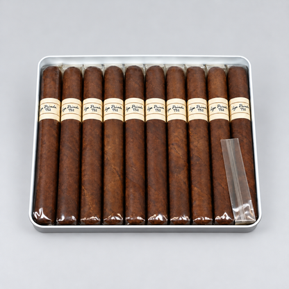 A set of ten dark brown cigars in a silver metal tin, each with a beige paper band labeled 'El Padrino No. 1', on a light gray background.