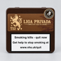 A square brown tin of Liga Privada T52 Habano cigars on a light gray background. The front features a gold lion logo, the brand name 'LIGA PRIVADA', 'T52', and a large white health warning label with text from the NHS.