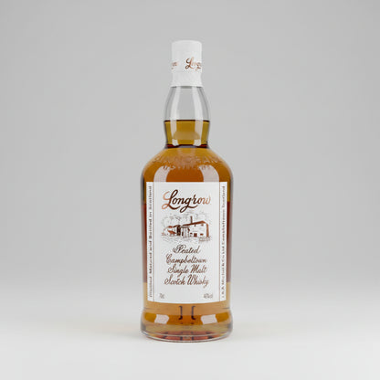 A bottle of Longrow Peated Campbellian Single Malt Scotch Whisky, 70cl, featuring a clear glass bottle with amber-colored whisky inside, a white label with brown text and illustration, and a white screw cap, set against a neutral gray background.