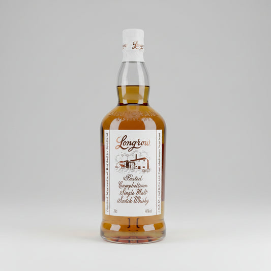 A bottle of Longrow Peated Campbellian Single Malt Scotch Whisky, 70cl, featuring a clear glass bottle with amber-colored whisky inside, a white label with brown text and illustration, and a white screw cap, set against a neutral gray background.
