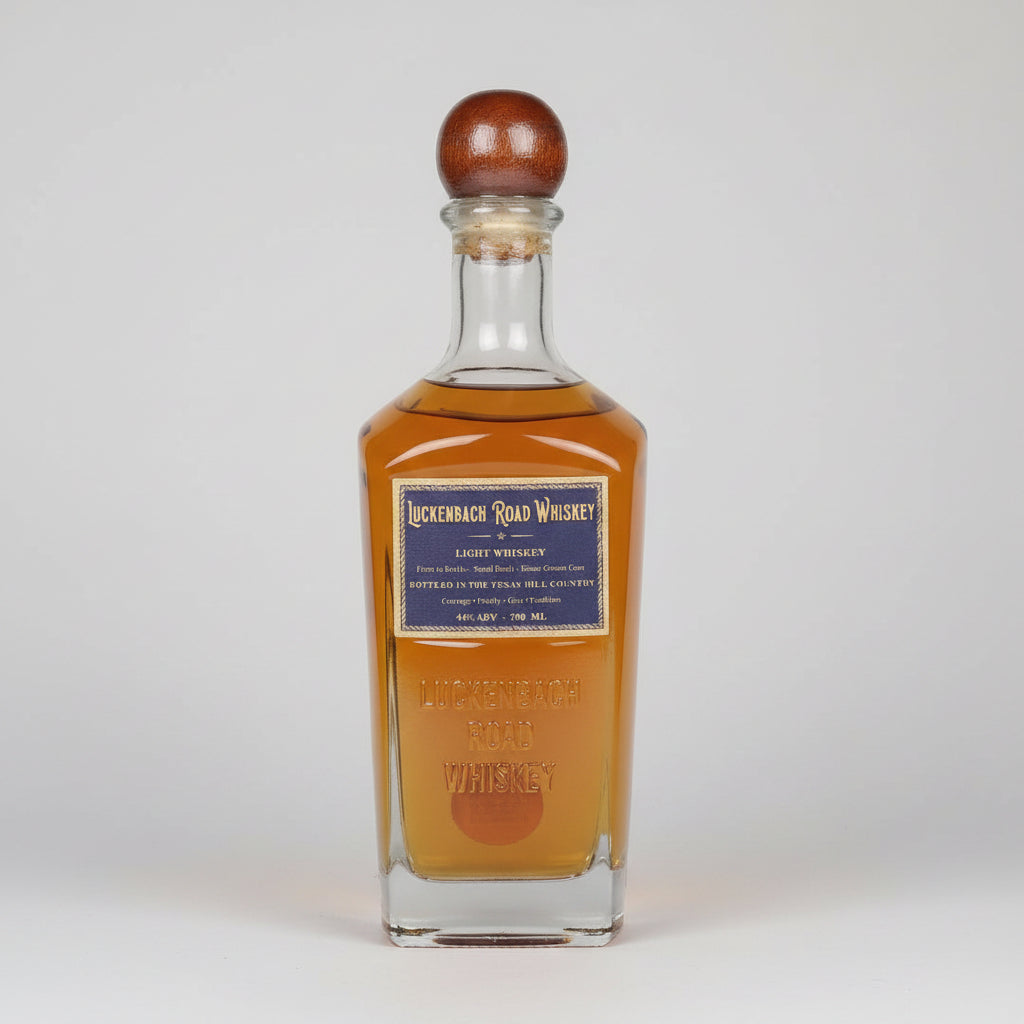 A bottle of Lickenbach Road Whiskey light whiskey with amber liquid, a dark blue label, and a brown wooden stopper, shown on a white background with a reflection.