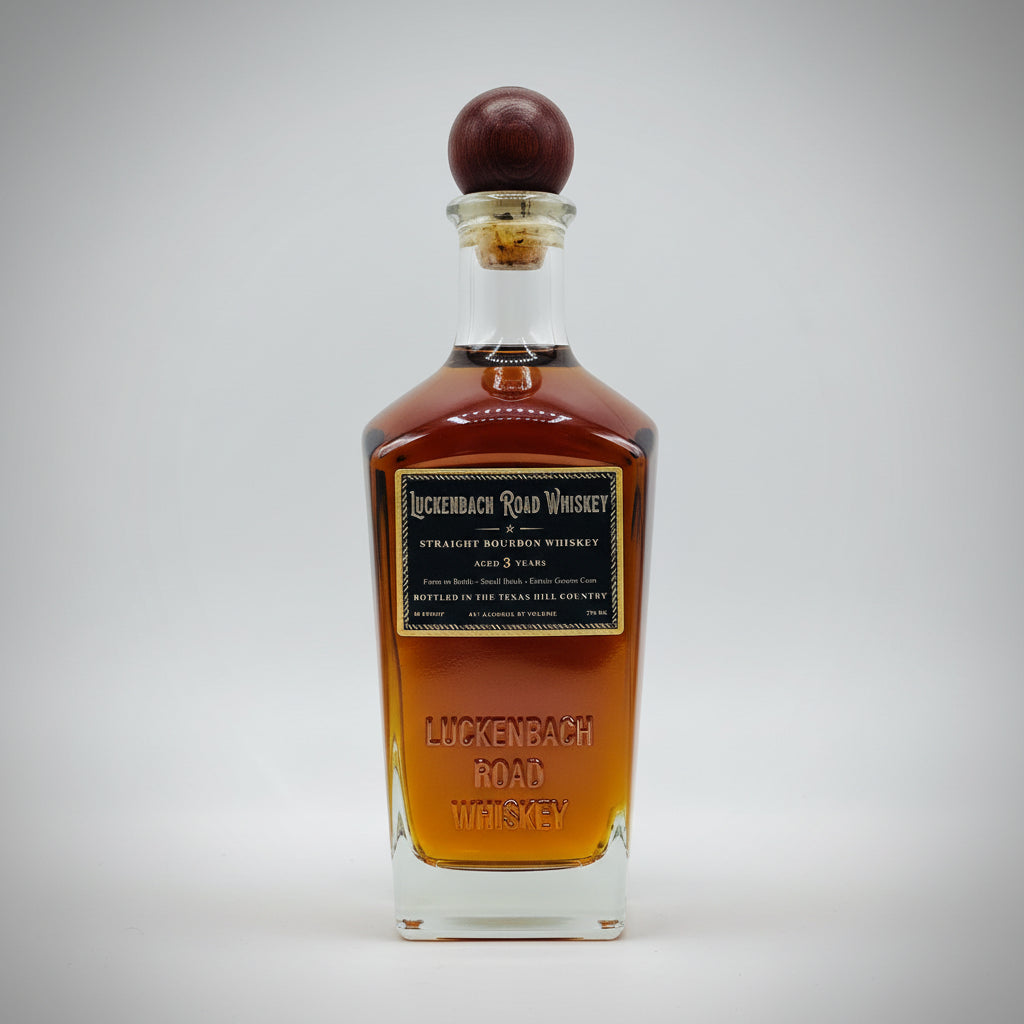 A bottle of Luckenbach Road Whiskey with amber-brown liquid, a black label with gold lettering, and a dark brown wooden stopper, shown on a plain white background.